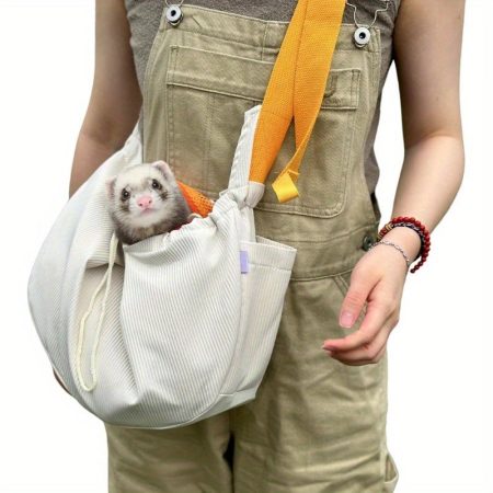 Adjustable Hands-Free Ferret Sling Carrier - Soft Comfortable Crossbody Backpack with Front Pocket for Small Pets, Rabbit, Puppy, Kitten - Durable Beige Travel & Outdoor Pet Bonding Pouch