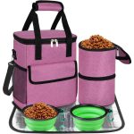All-in-One Portable Dog Travel Carrier & Food Storage Bag with 2 Collapsible Silicone Bowls, Waterproof Feeding Mat, Adjustable Shoulder Strap - Heavy-Duty Oxford Pet Backpack for Camping, Airplane, Vet Visits - Rose Red Small - Ideal for Small Dogs & Pup