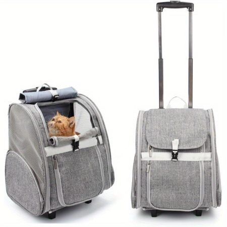 Heavy-Duty Pet Rolling Carrier Backpack with Wheels - Convertible Travel Bag, Spacious Interior, Secure Zipper Closure, Side Pockets - Lightweight & Sturdy Frame for Dogs, Cats, Puppies - Airport, Vet, Shopping Trips - Grey Carrier Trolley, Dog Backpack C